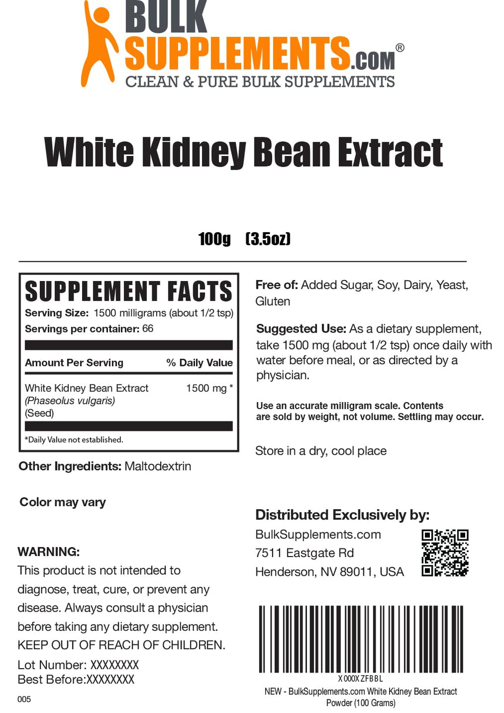BulkSupplements logo beside White Kidney Bean Extract powder package