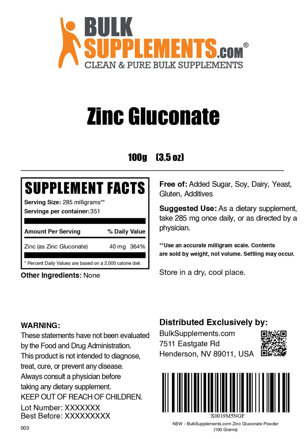Packaging and quality icons for BulkSupplements Zinc Gluconate Powder
