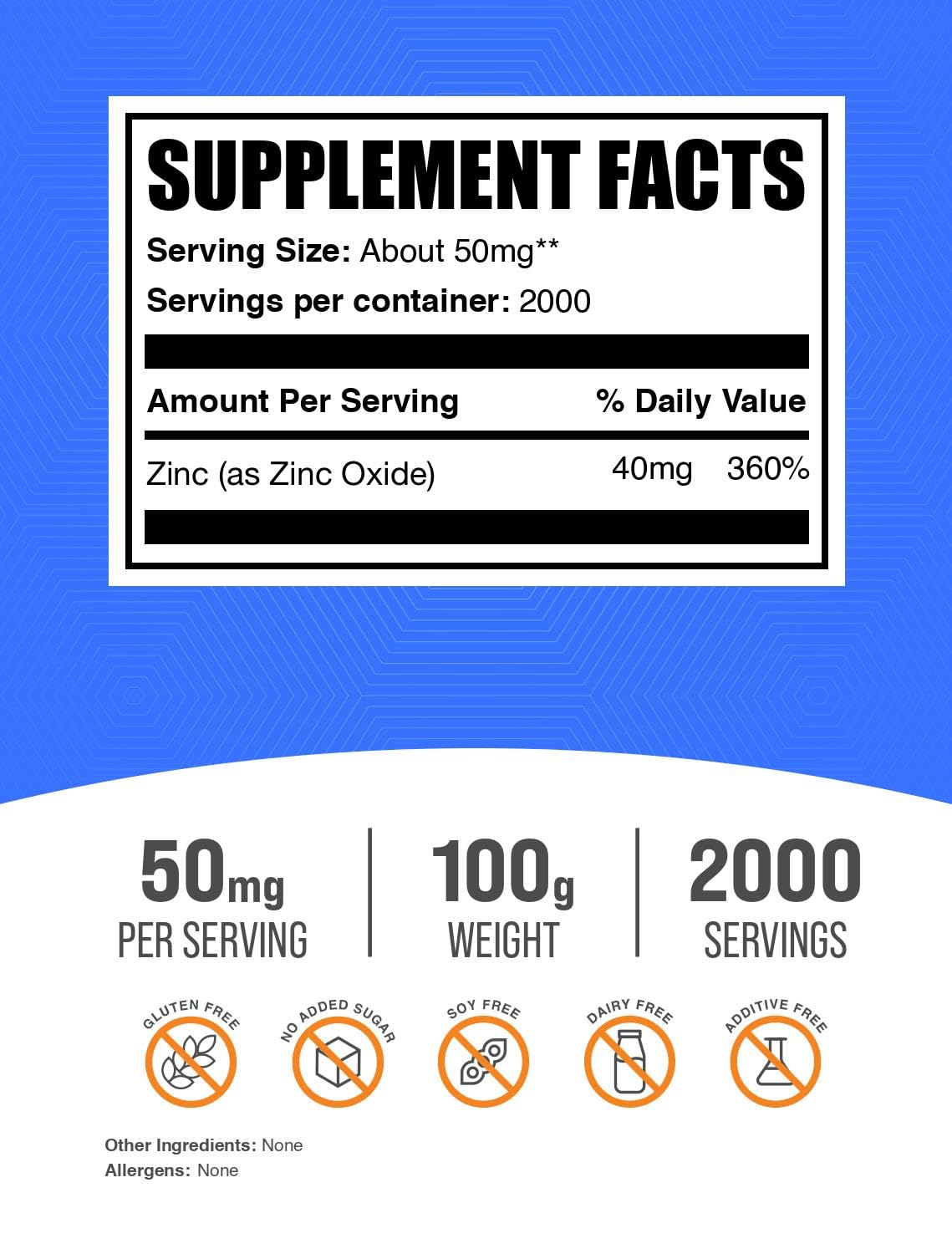 BulkSupplements Zinc Oxide Powder 100 g pack back/label view