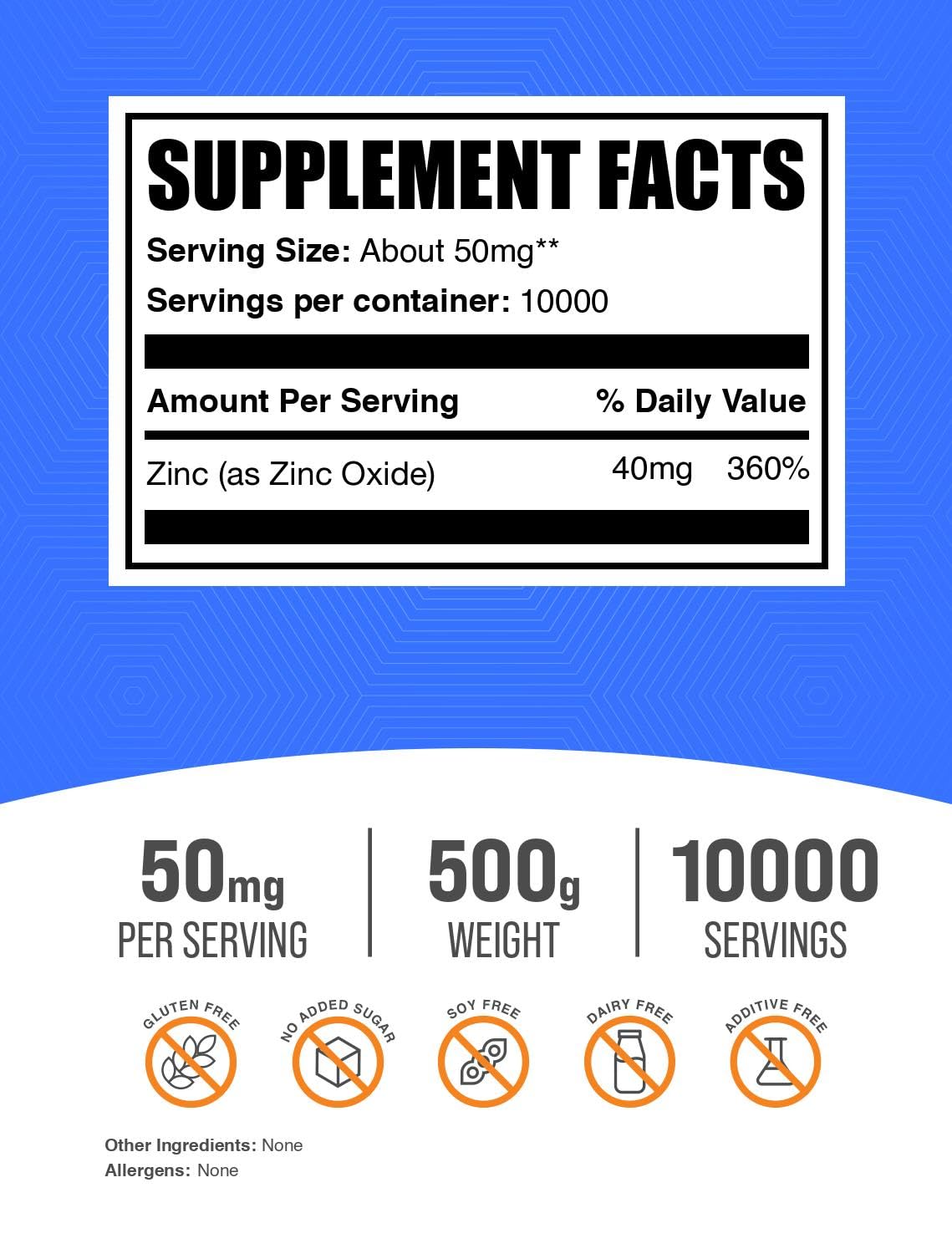 Close-up of Zinc Oxide Powder 500g label from BulkSupplements