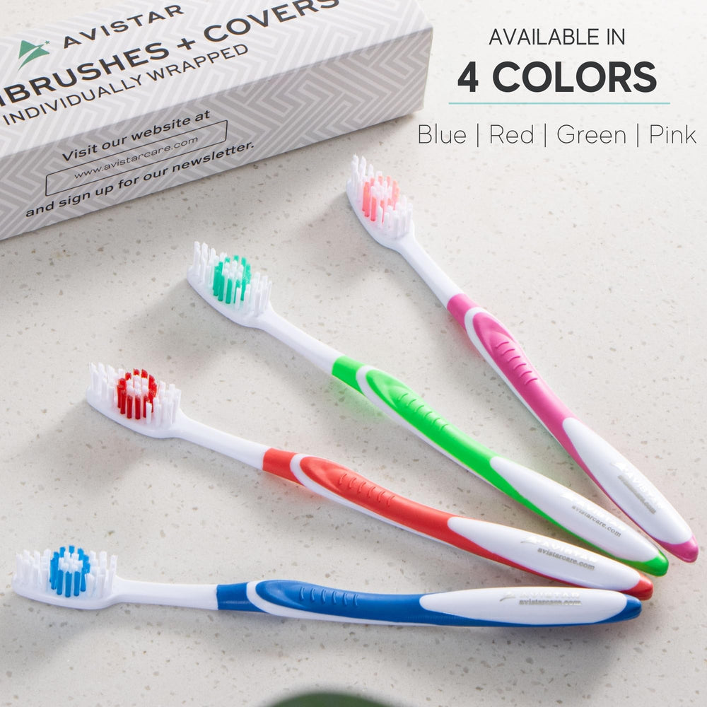 Bulk pack of white toothbrushes with large heads and med-soft bristles.