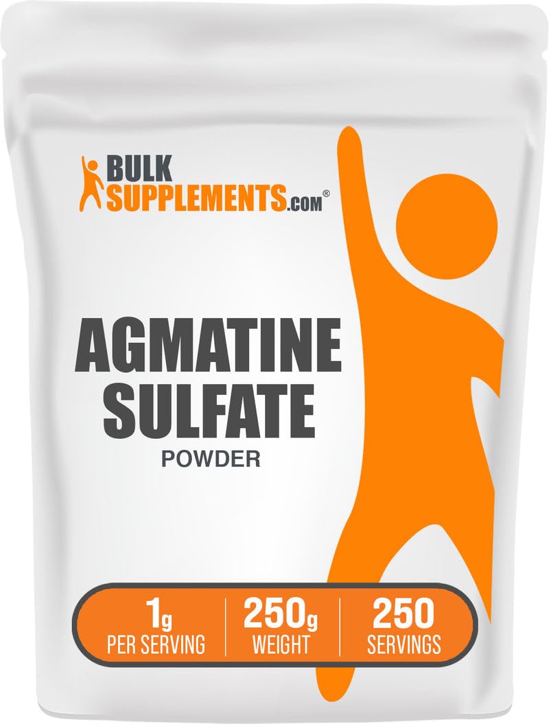 BulkSupplements Agmatine Sulfate Powder packaging, ready to mix into shakes for versatile pre-workout use.