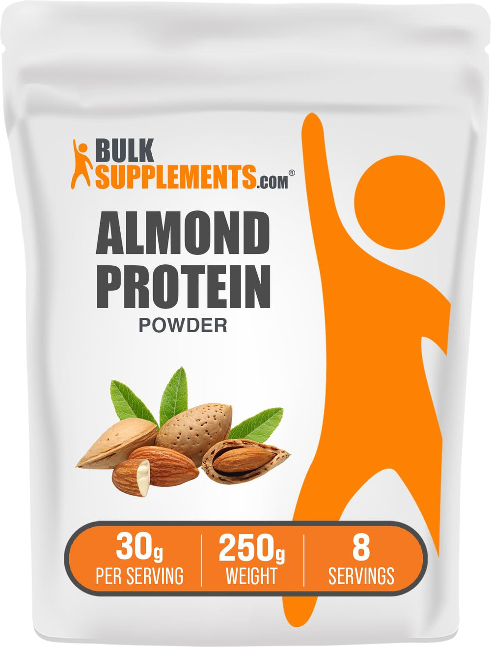 BulkSupplements Almond Protein Powder pour highlights a smooth, plant-based protein boost for smoothies.