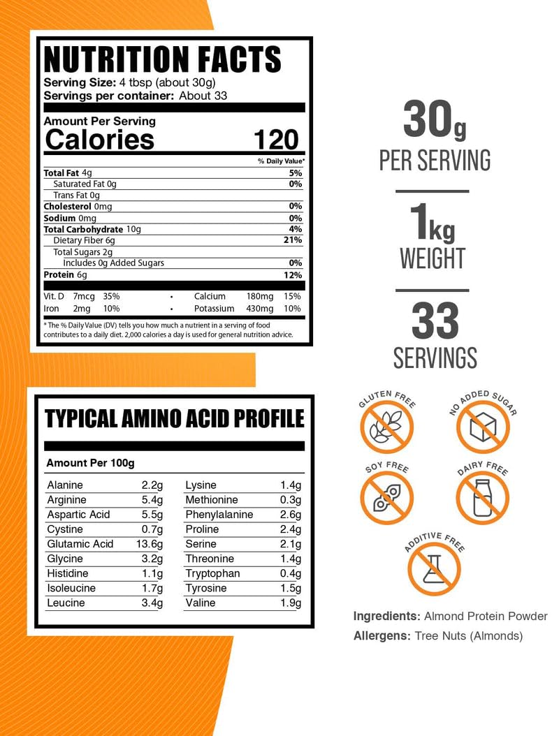BulkSupplements almond protein powder scoop illustrating convenient post-workout serving.