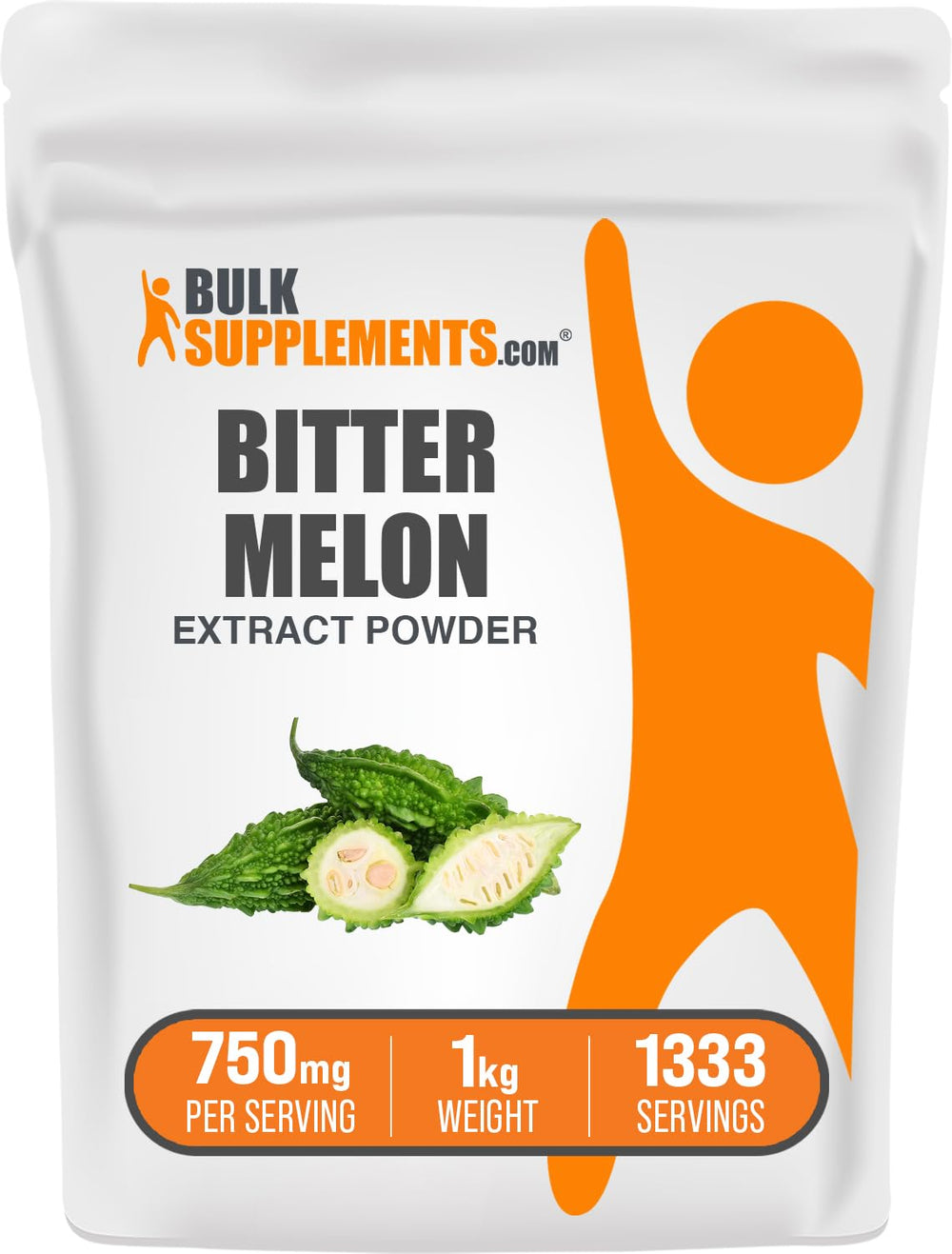BulkSupplements Bitter Melon Extract Powder bottle shows gluten-free formula for daily use.