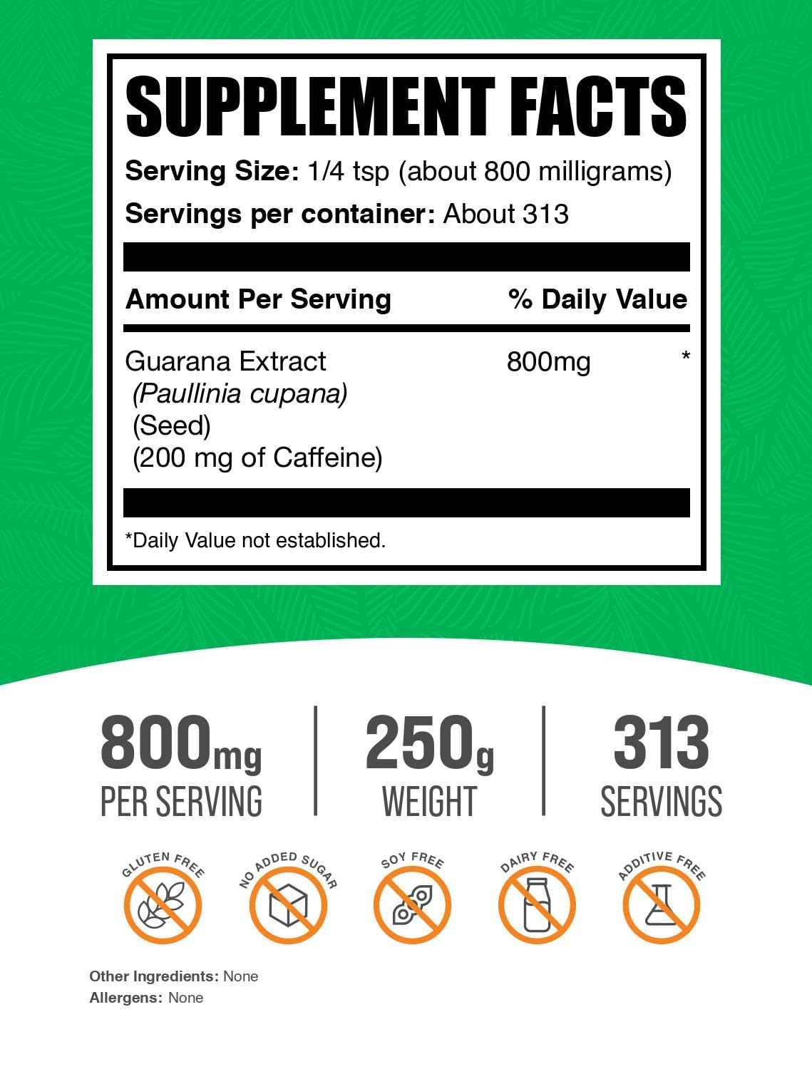 BulkSupplements guarana extract powder label clearly states gluten-free status and serving details.
