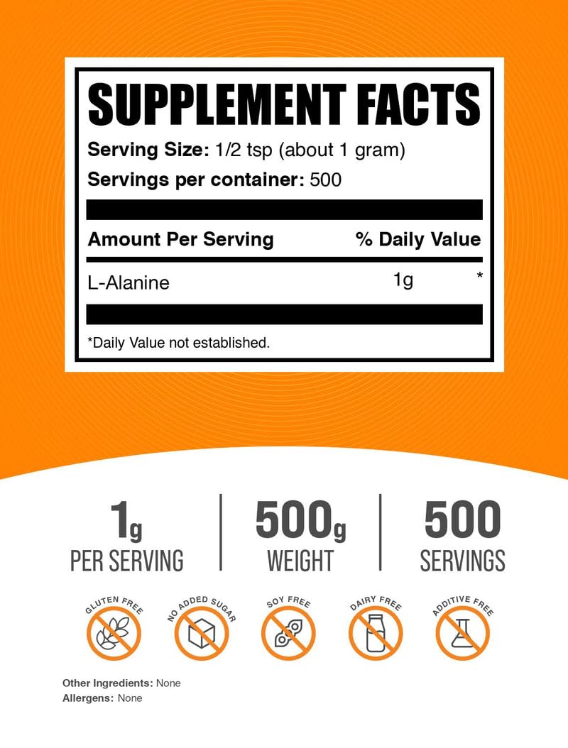 L-Alanine powder with scoop; easy to measure 1g servings for consistent intake.