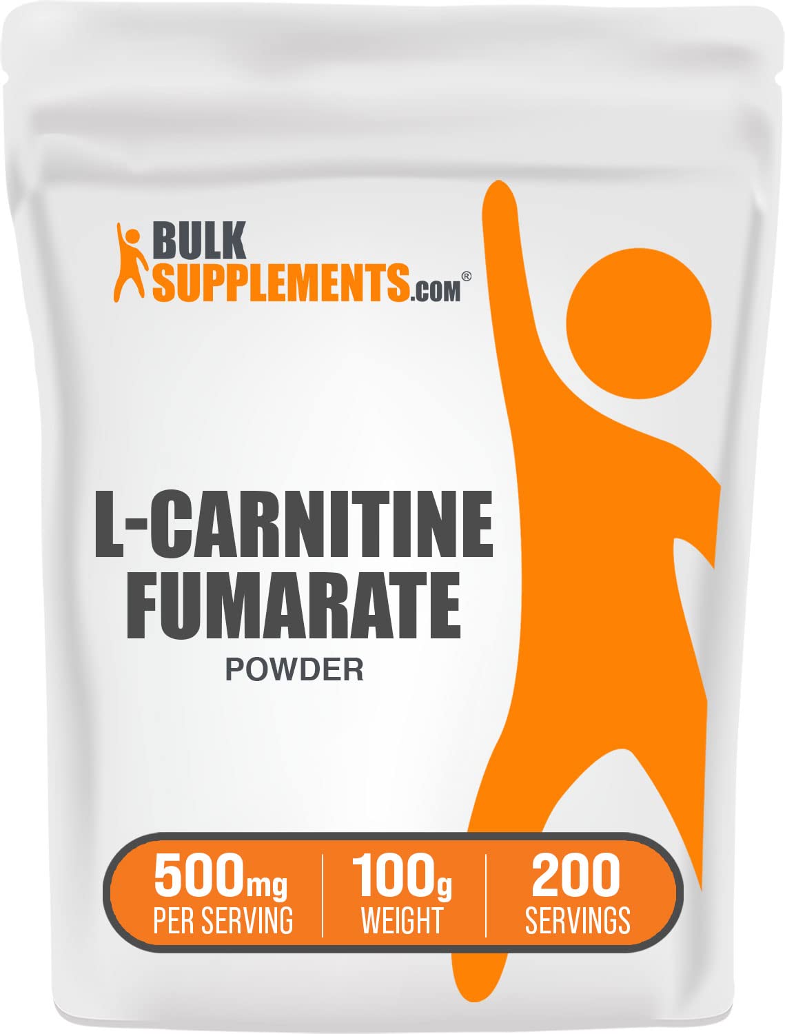 BulkSupplements L-Carnitine Fumarate powder bottle demonstrates gluten-free energy support