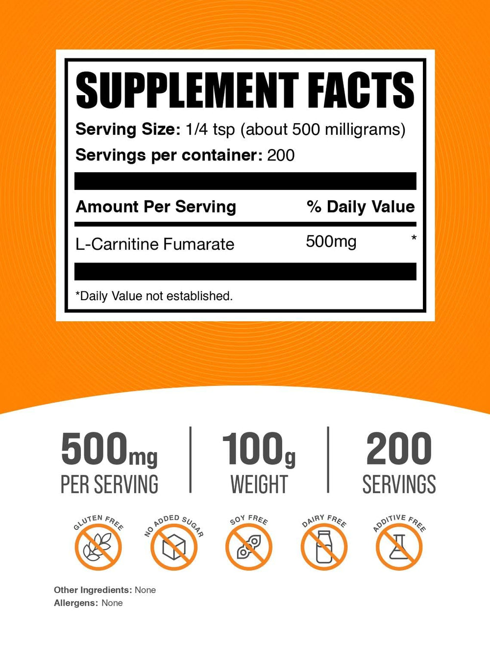 BulkSupplements L-Carnitine Fumarate powder label highlights 500 mg servings for consistency