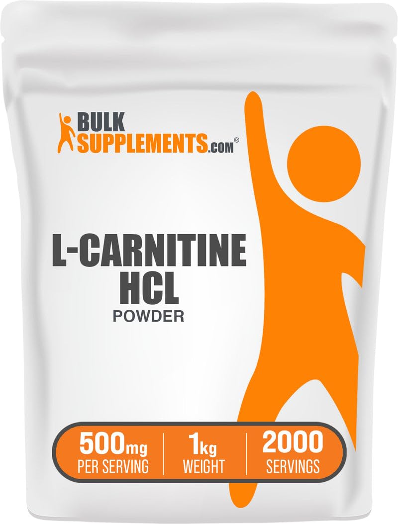 BulkSupplements L-Carnitine HCl powder bottle shows unflavored formula for versatile mixing and energy support