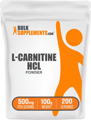 BulkSupplements L-Carnitine HCl powder canister supports workouts and mobility.