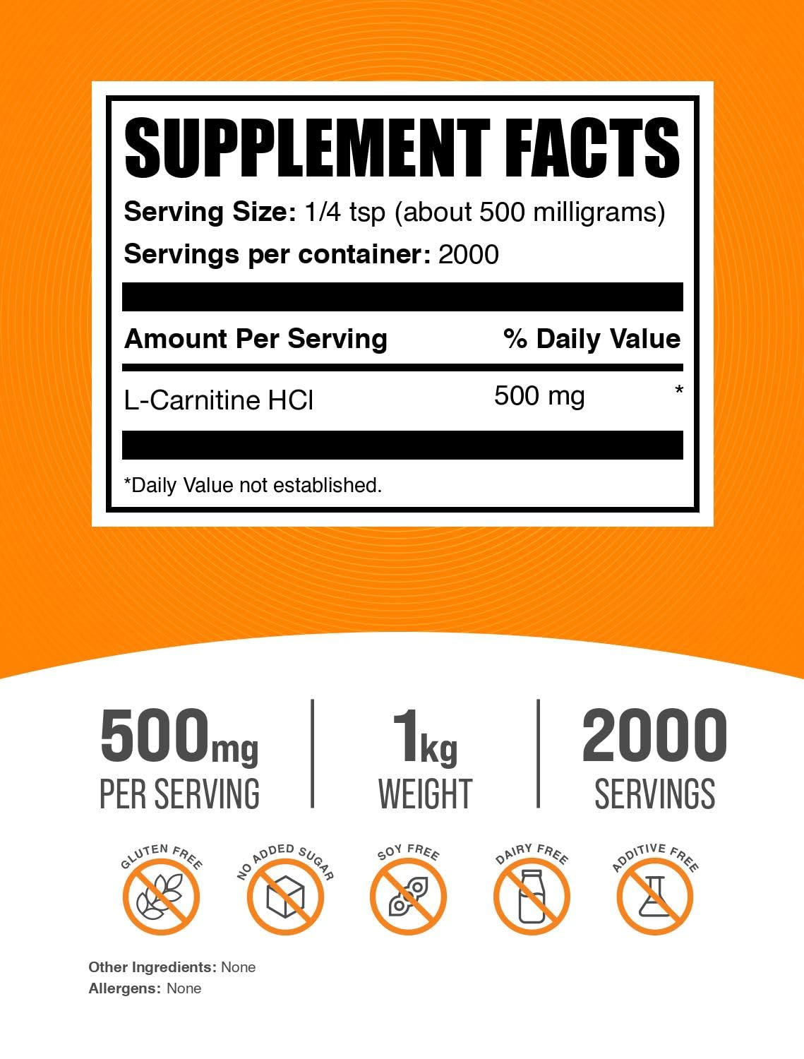 BulkSupplements L-Carnitine HCl powder unflavored label close-up highlights allergen-free and gluten-free notes