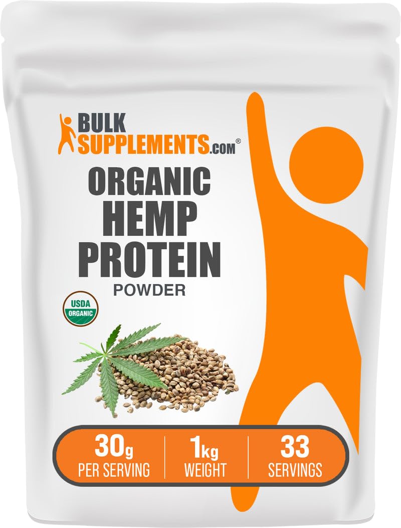 BulkSupplements Organic Hemp Protein Powder bag close-up—vegan protein source for shakes and smoothies.