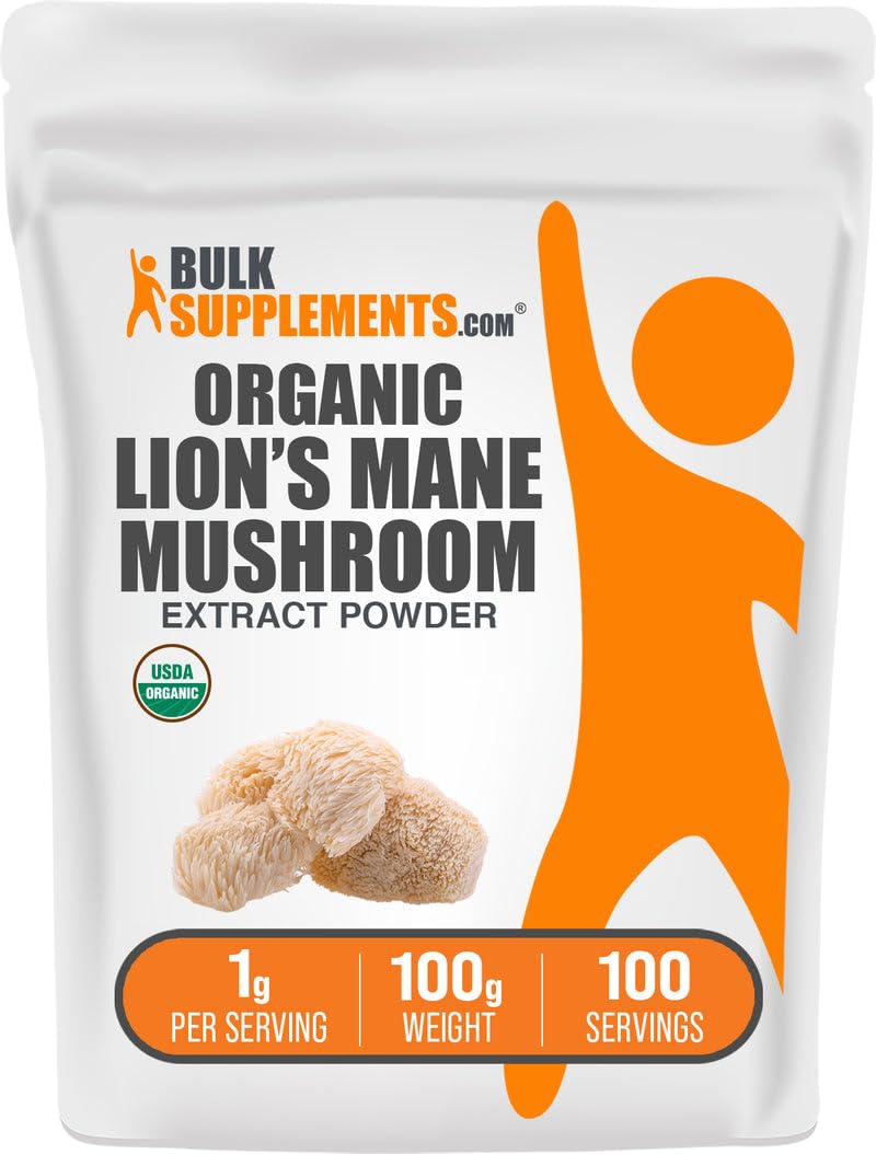 BulkSupplements Organic Lion's Mane Mushroom Extract Powder 100g package