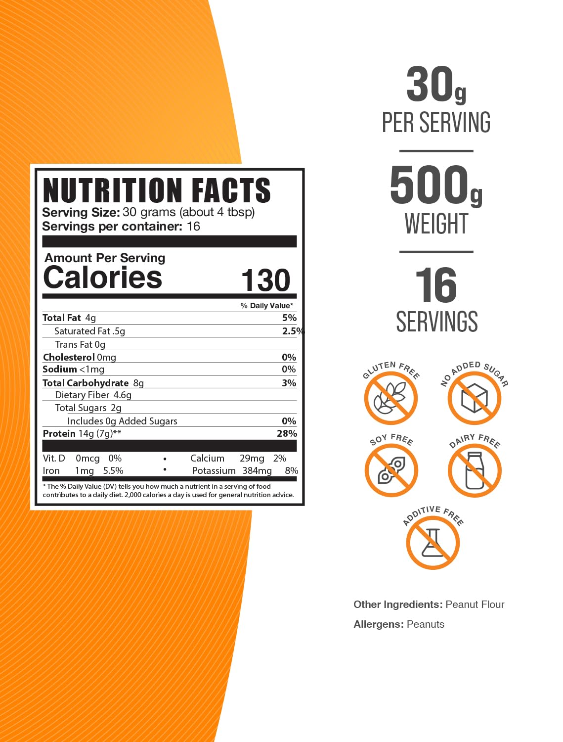 BulkSupplements peanut flour protein powder scoop showing measured 30g serving.