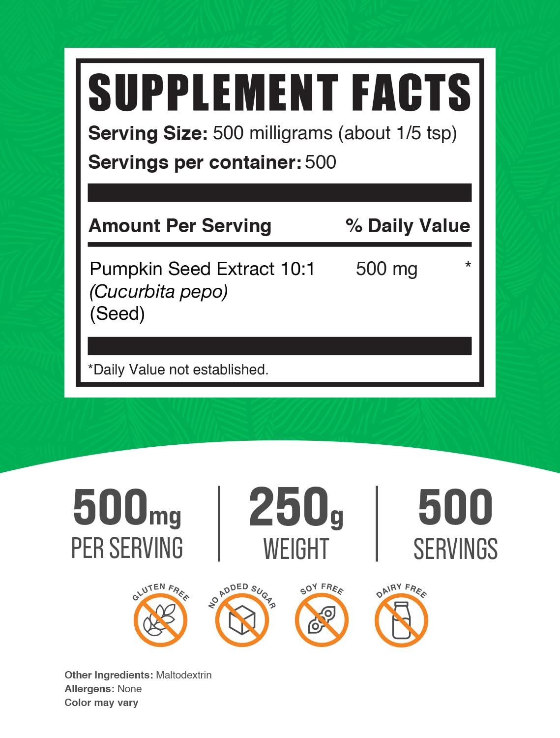 BulkSupplements pumpkin seed extract powder texture close-up ready for mixing.