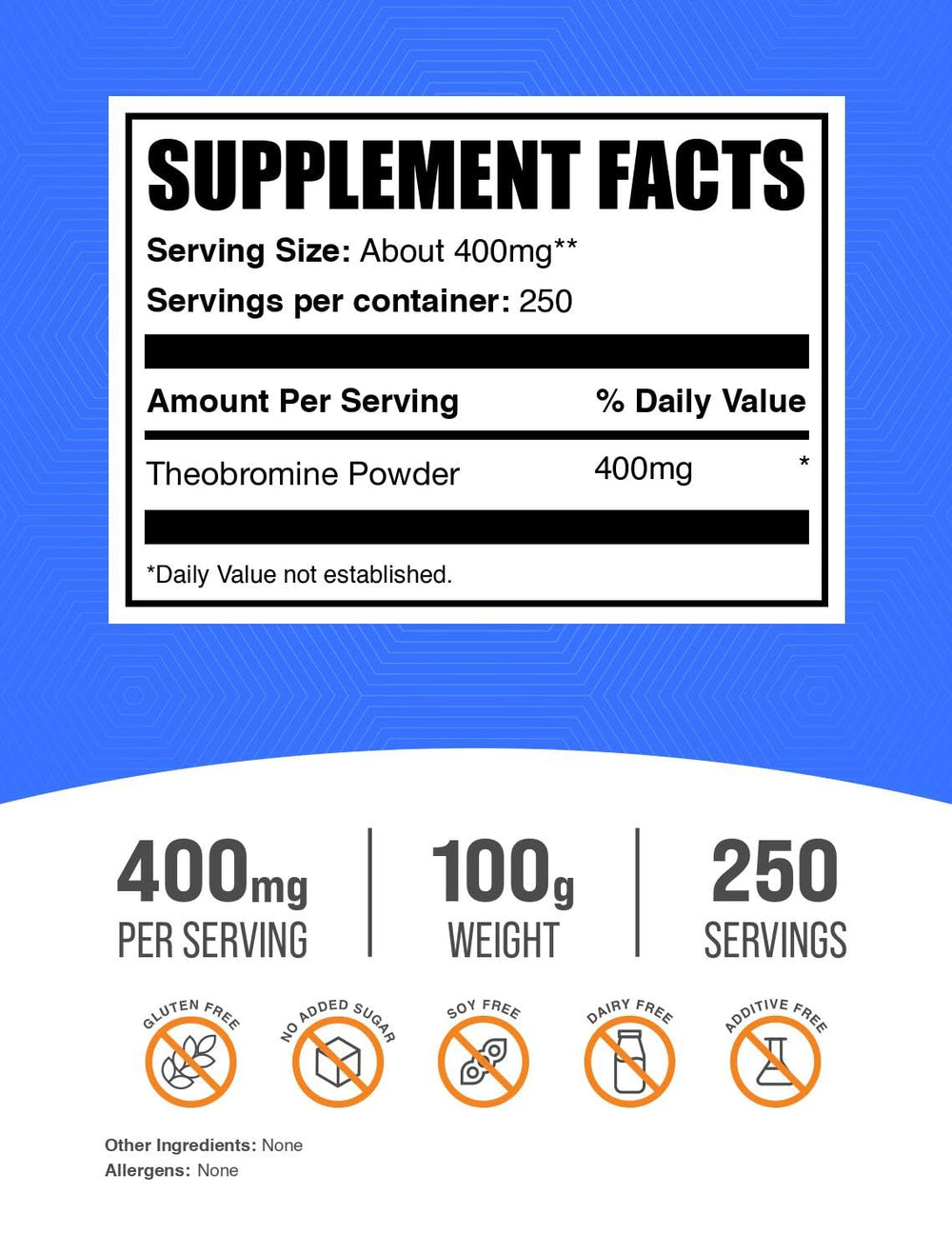 BulkSupplements Theobromine powder packaging on shelf highlighting gluten-free benefits