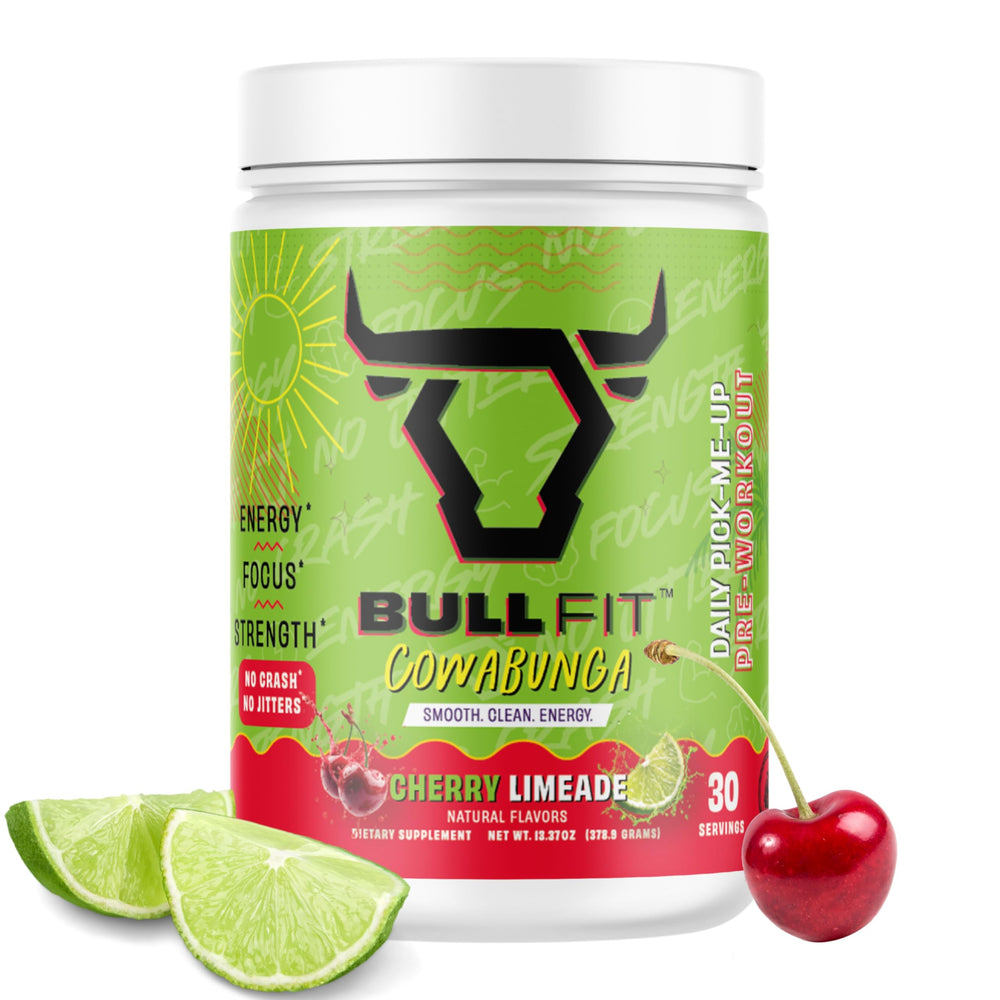 BULLFIT Cowabunga Daily Pick Me Up Peach Mango pre-workout tub ready to energize training