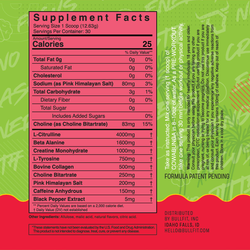 BULLFIT Cowabunga pre-workout scoop close-up highlighting L-Citrulline for endurance
