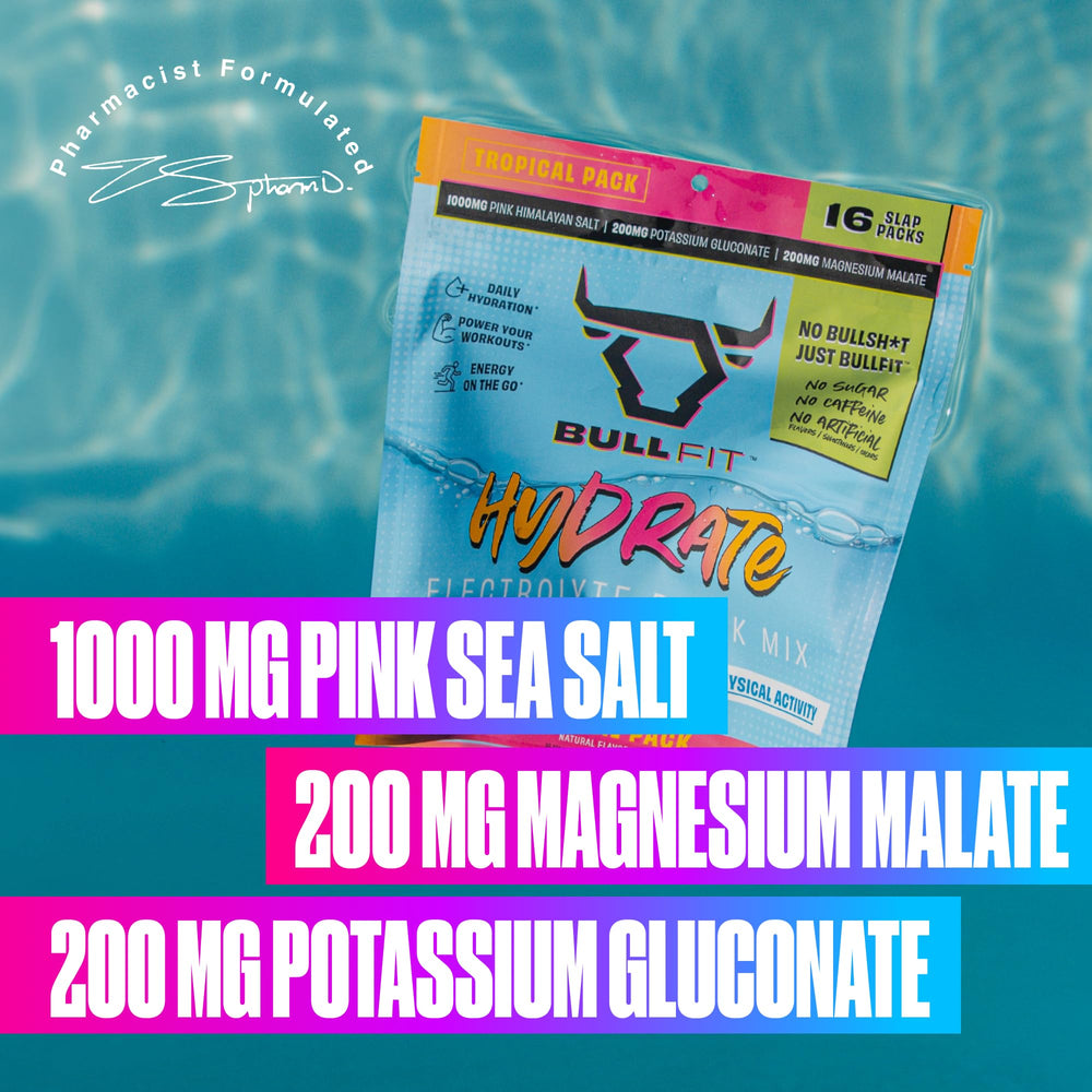 BullFit Hydrate Kiwi Strawberry packet ready to mix for refreshing hydration.