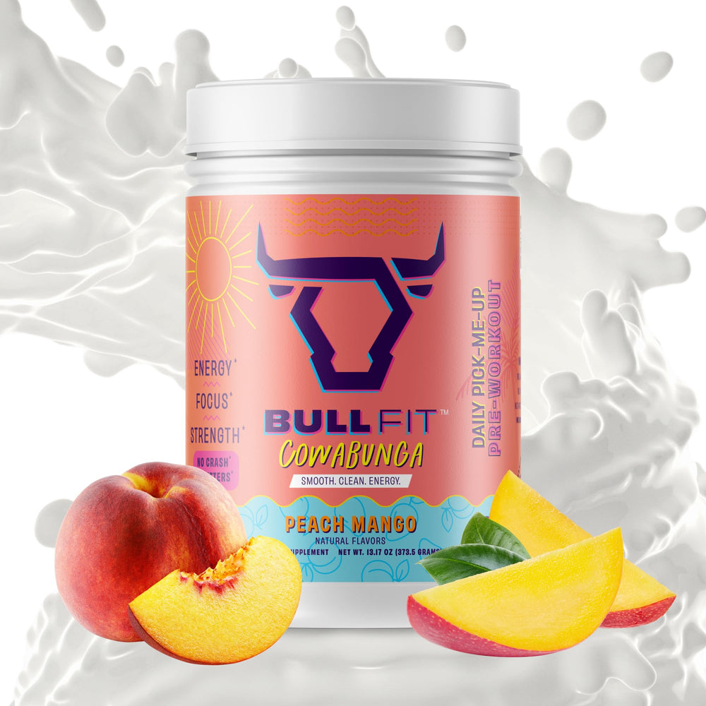 BULLFIT Peach Mango bottle ready for workouts with clean energy