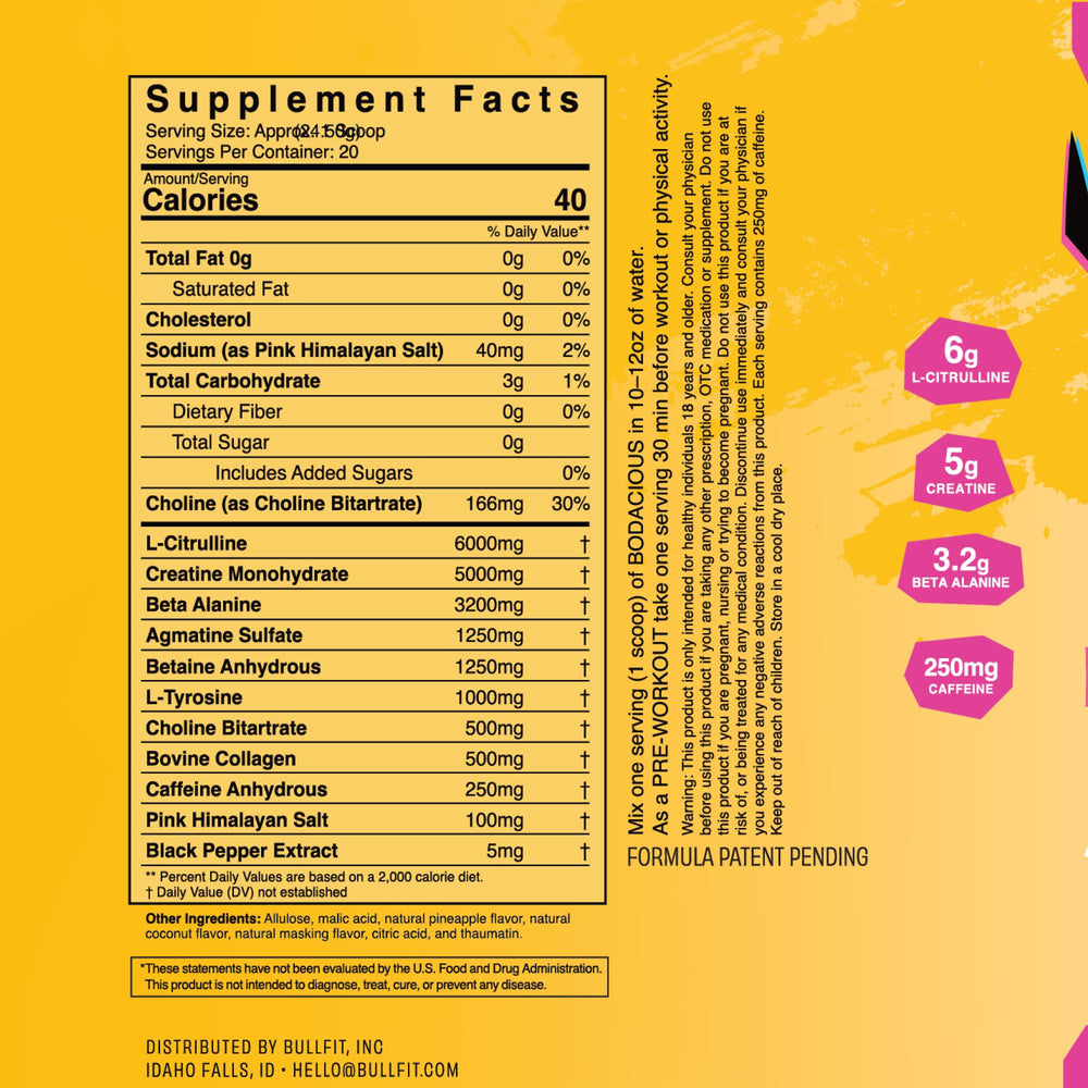 BULLFIT Pre Workout Pina Coolada dissolved in glass suggests a refreshing mix.