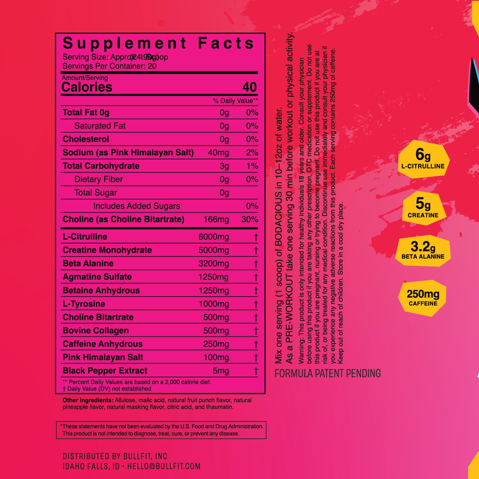 BullFit Pre Workout tub label highlights no sugar or artificial sweeteners