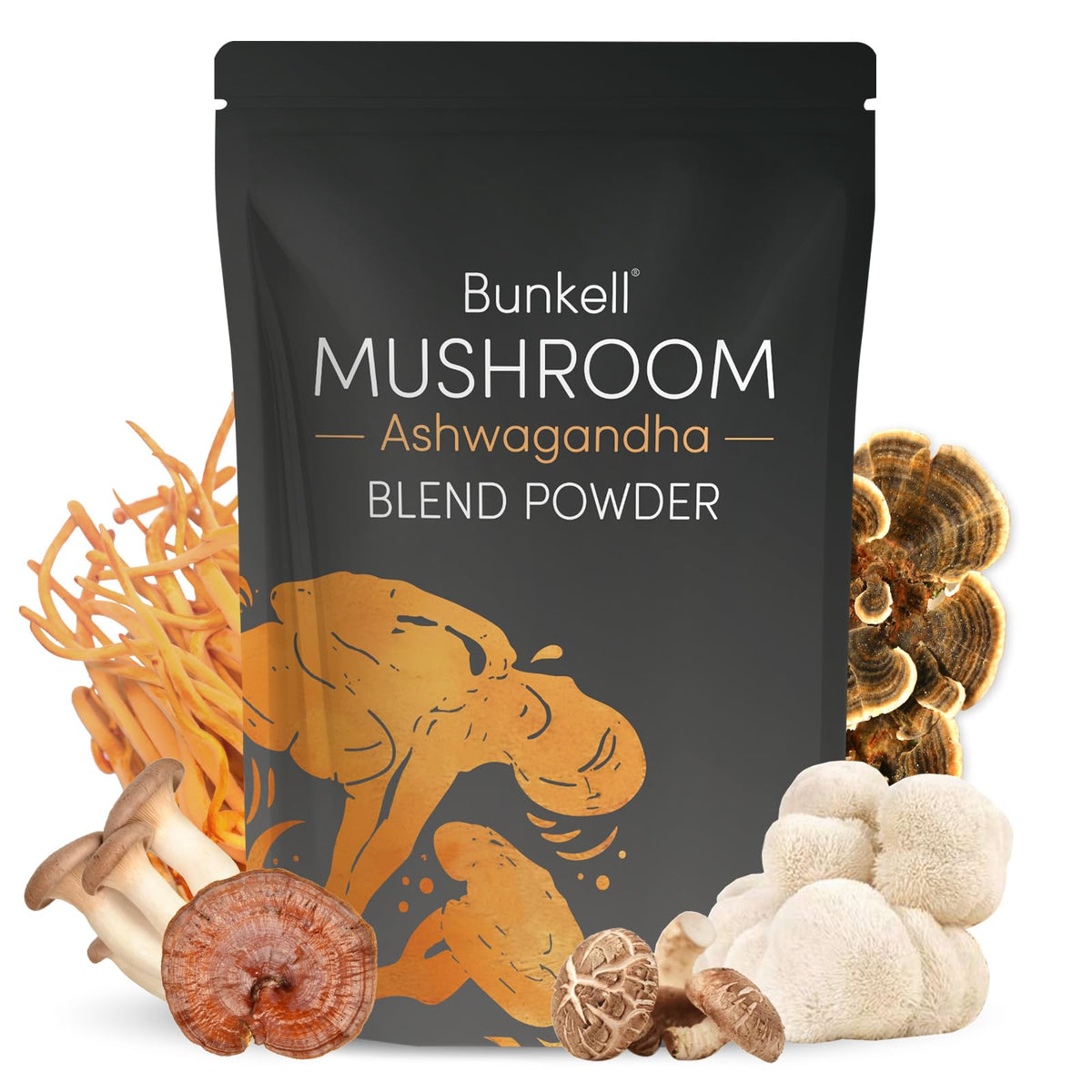 Bunkell Ashwagandha Mushroom Powder bottle with 10-mushroom blend label