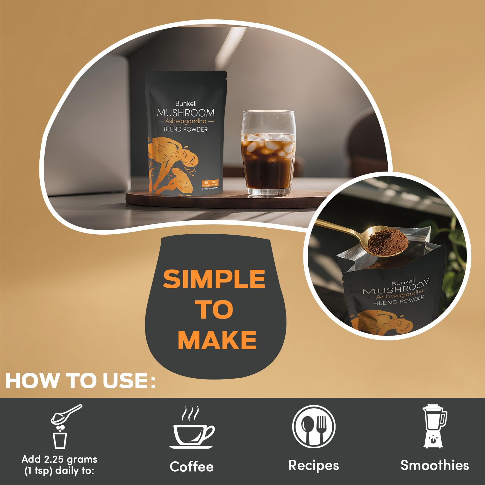 Graphic highlighting ingredients like Lion's Mane, Reishi, Chaga and Maitake