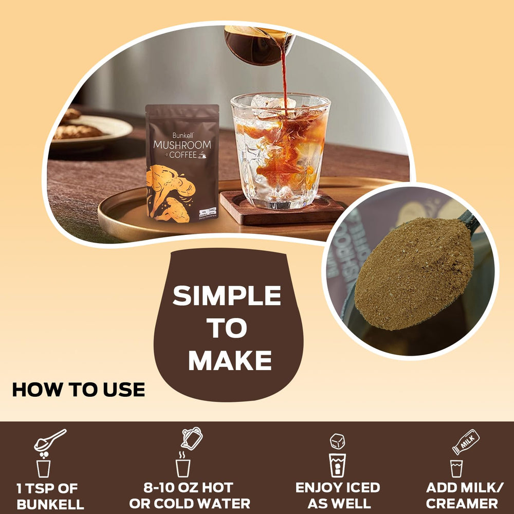 Bunkell Mushroom Coffee packaging showing 40 servings