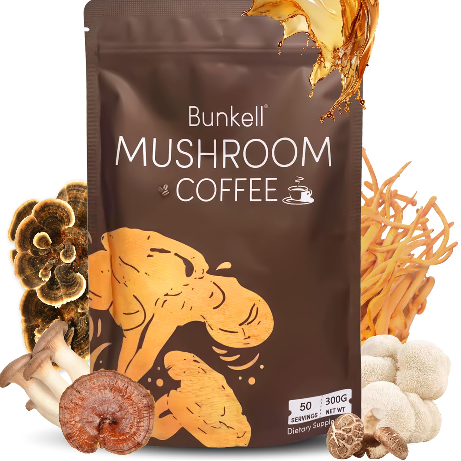 Bunkell Mushroom Coffee packaging highlighting 6 mushrooms including Lion's Mane and Reishi