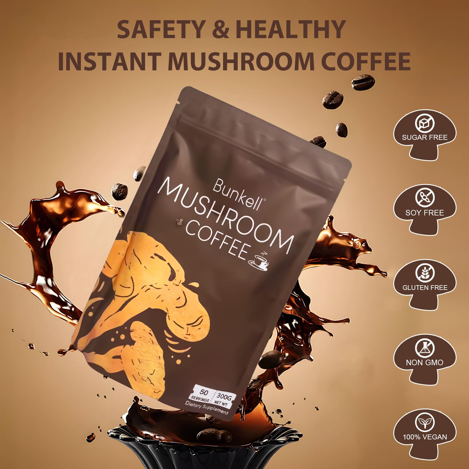 Instant mushroom coffee powder ready to brew