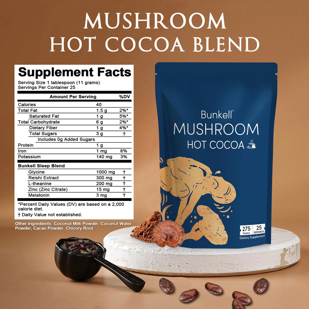 Close-up of cocoa powder and Reishi mushrooms with ingredients