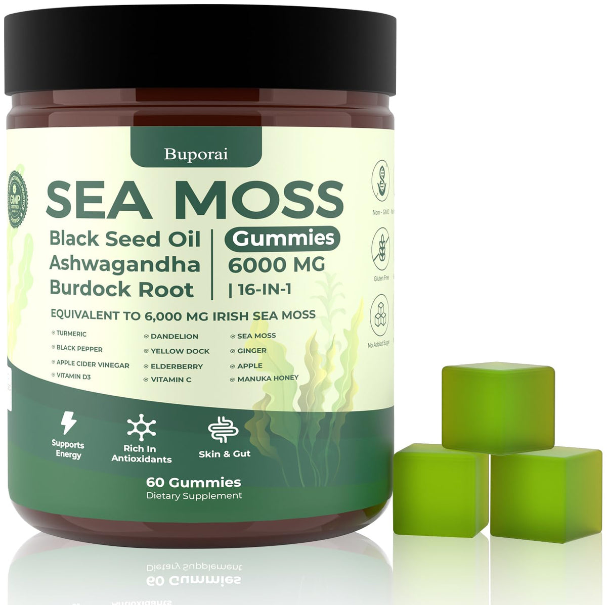 Buporai Sea Moss Gummies bottle with 60 gummies on white background