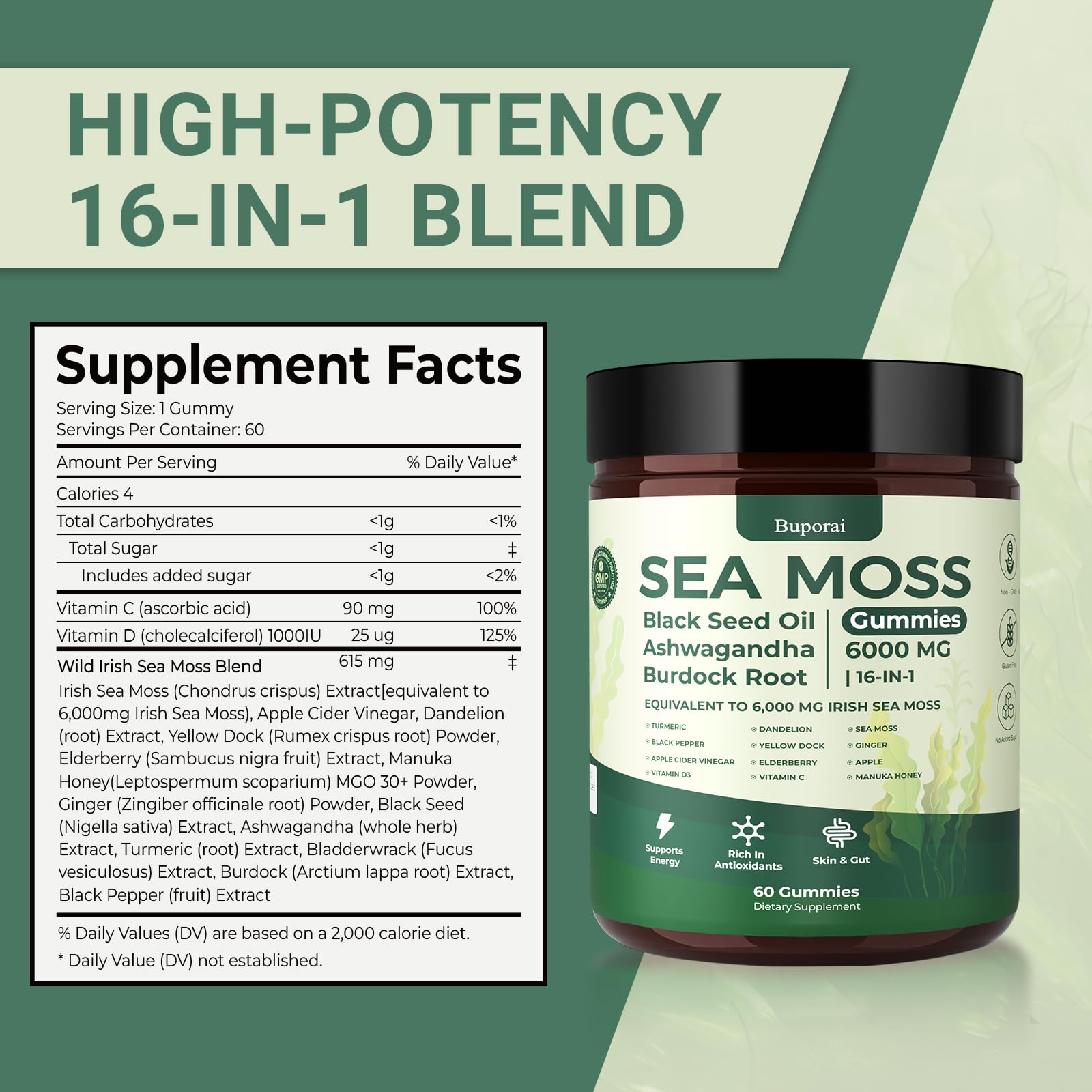 Ingredient highlights: Irish sea moss, bladderwrack, black seed oil, turmeric