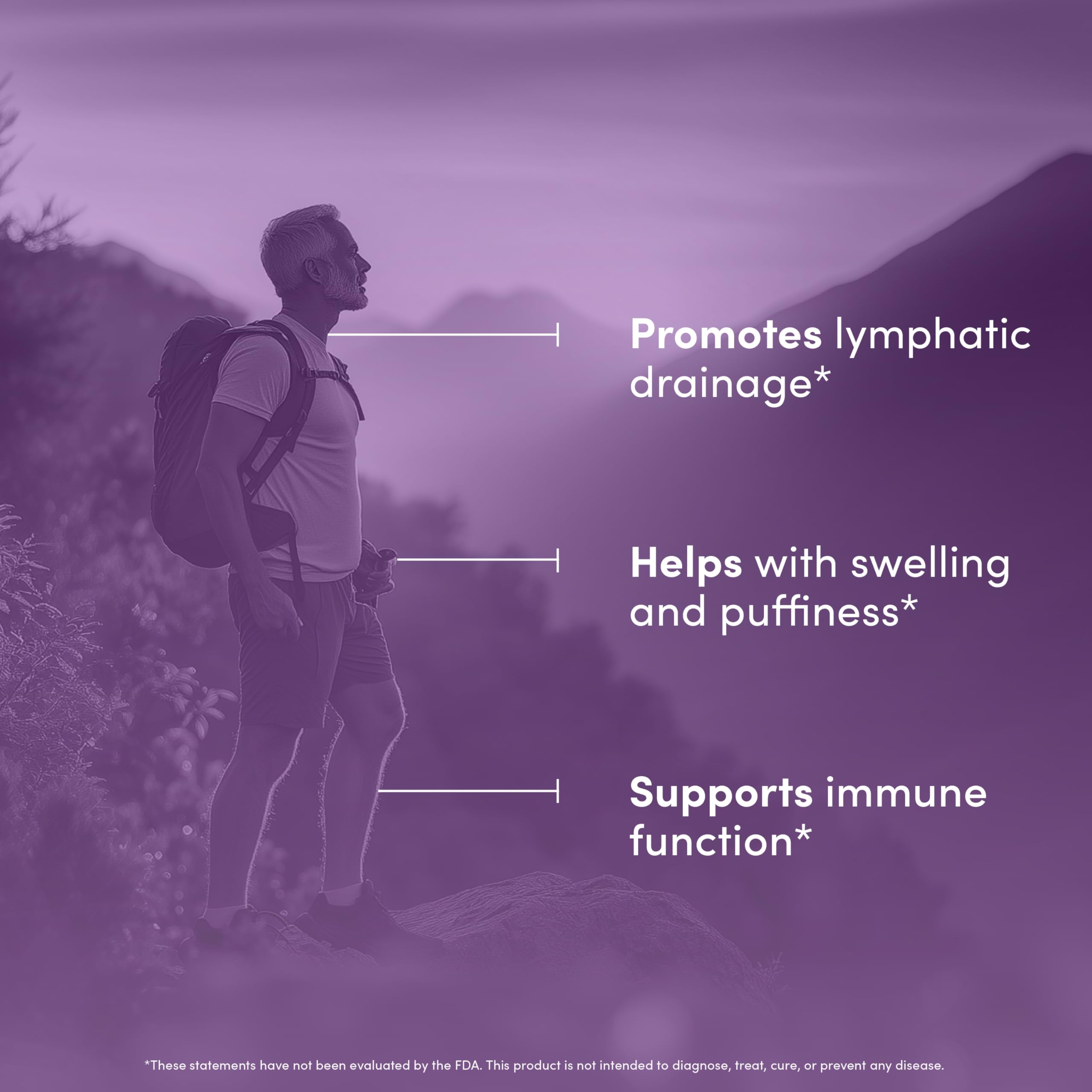 Ingredients including burdock root, echinacea, and bromelain for lymph drainage