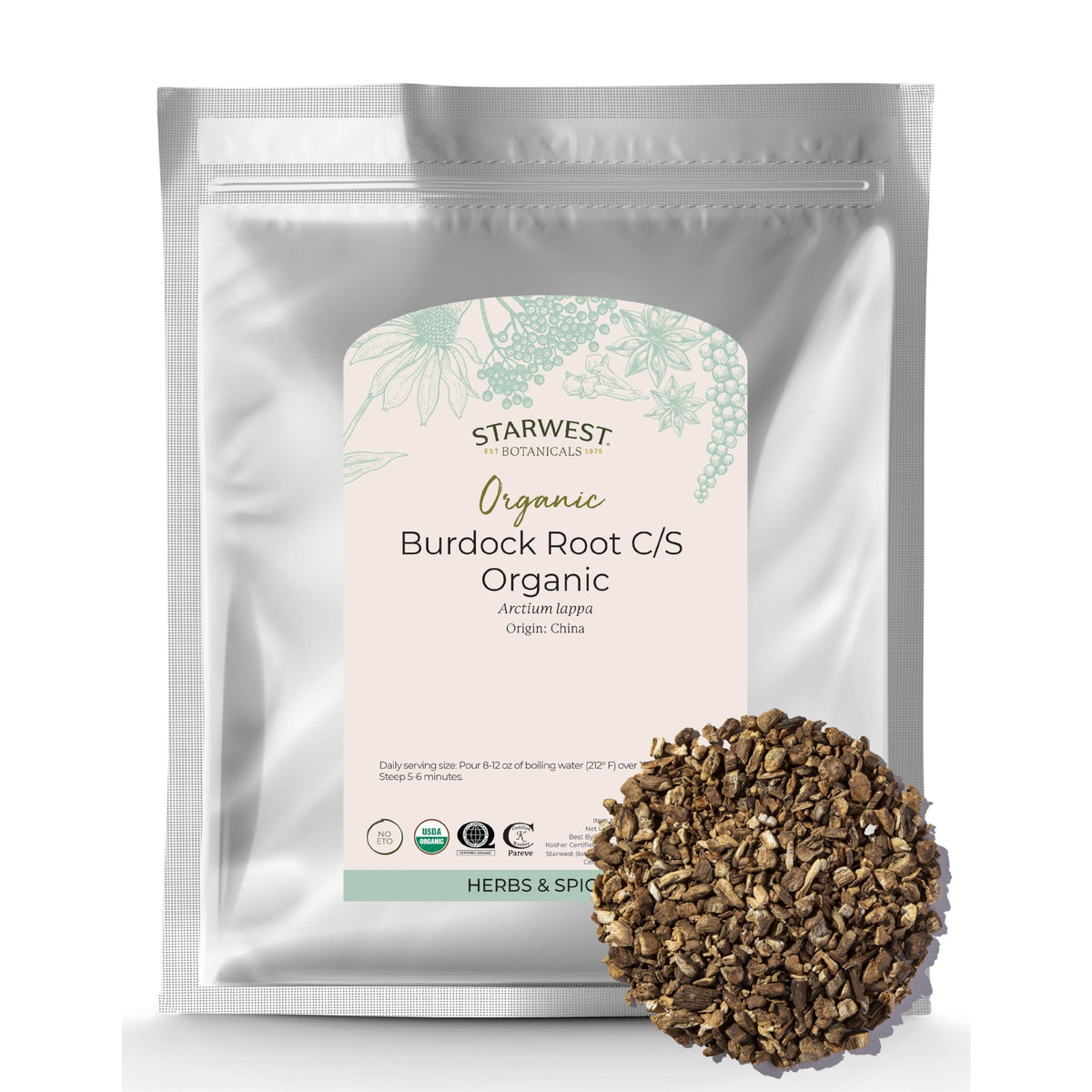 Organic Burdock Root Cut & Sifted in 1 lb bulk bag