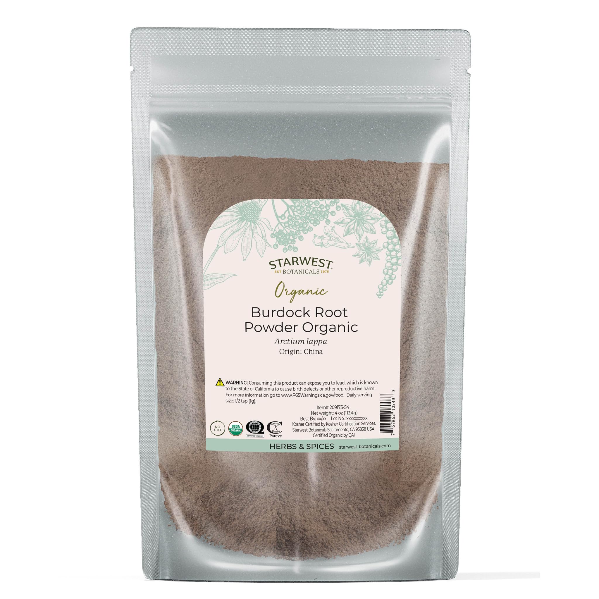 Organic burdock root powder in a 4 oz pouch