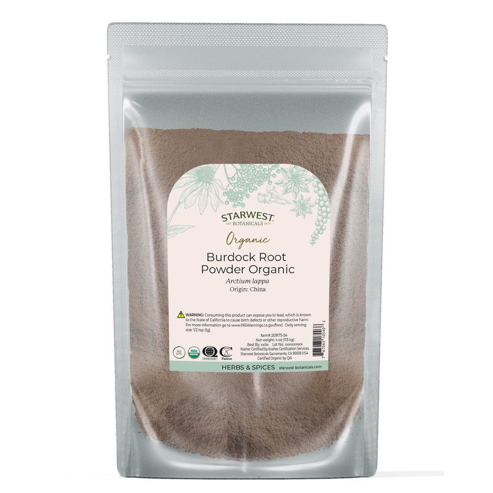Organic burdock root powder in a 4 oz pouch