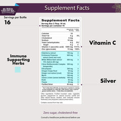 Close-up of elderberry-based formula with herbs and ingredients
