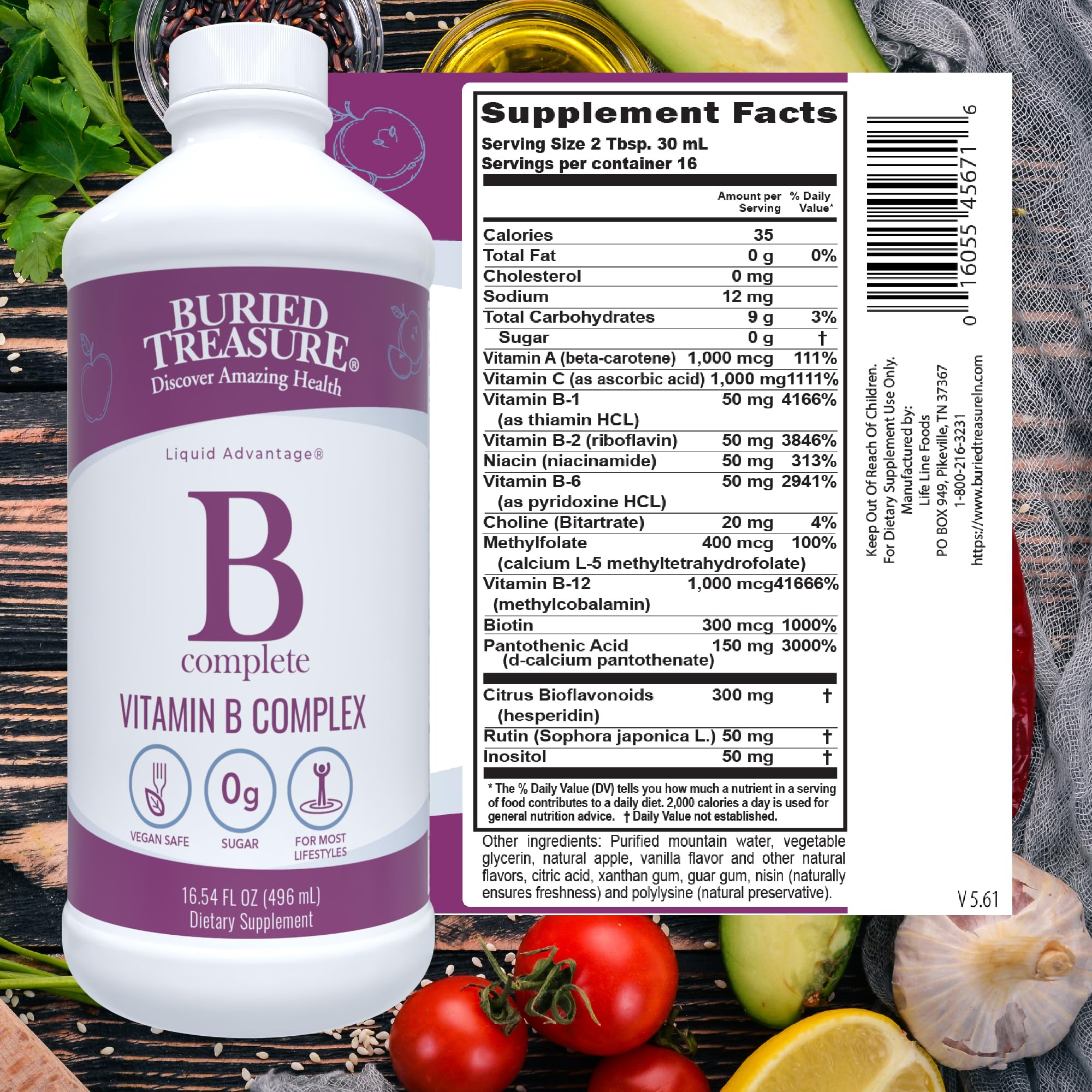 Close-up of Buried Treasure B Complete label with methylated B12 and folate