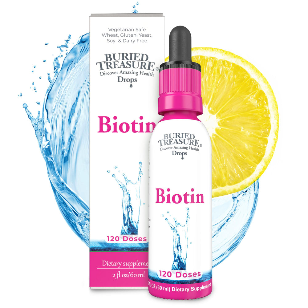 Buried Treasure Biotin Drops front label on bottle