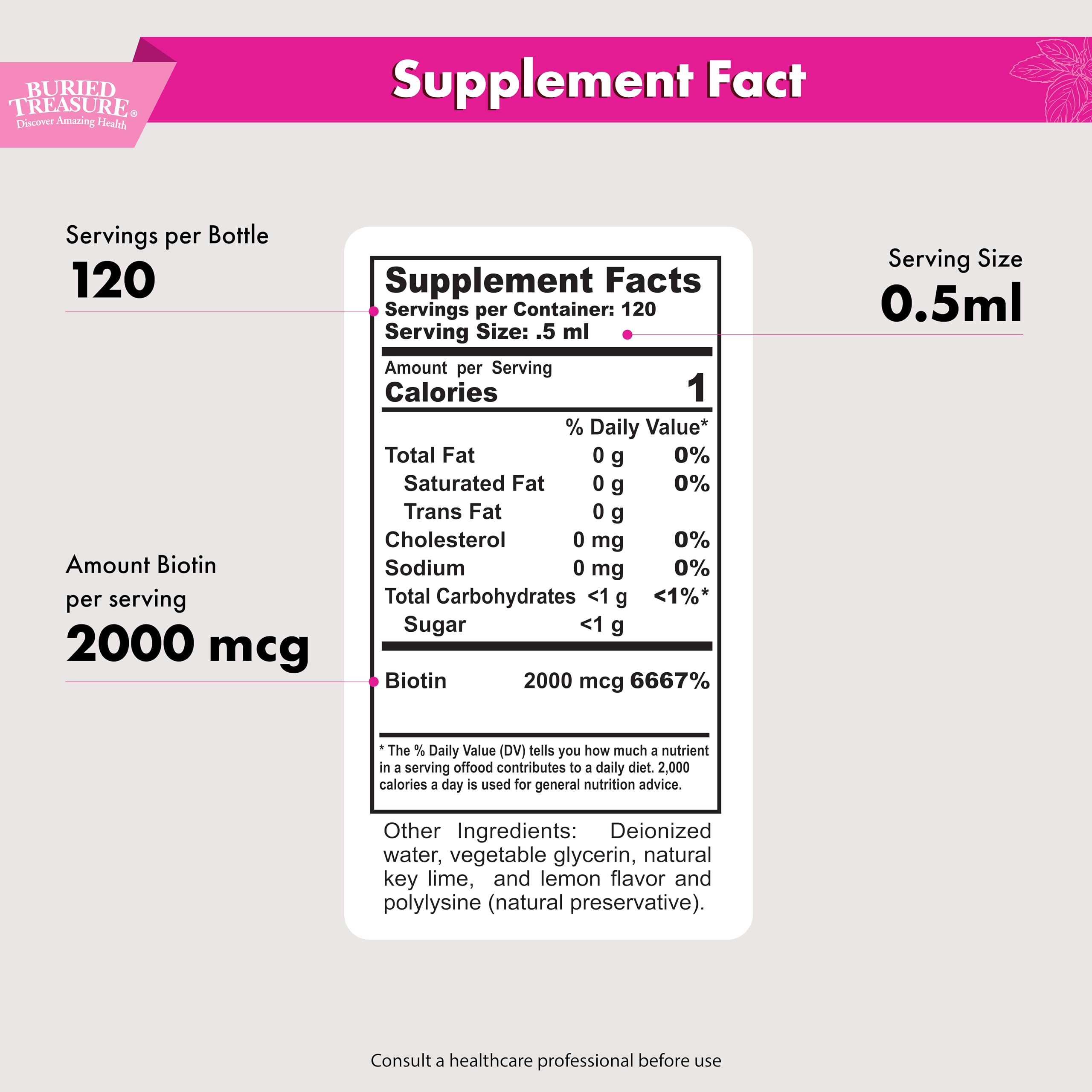 2 oz bottle of Buried Treasure Biotin Drops with 120 servings