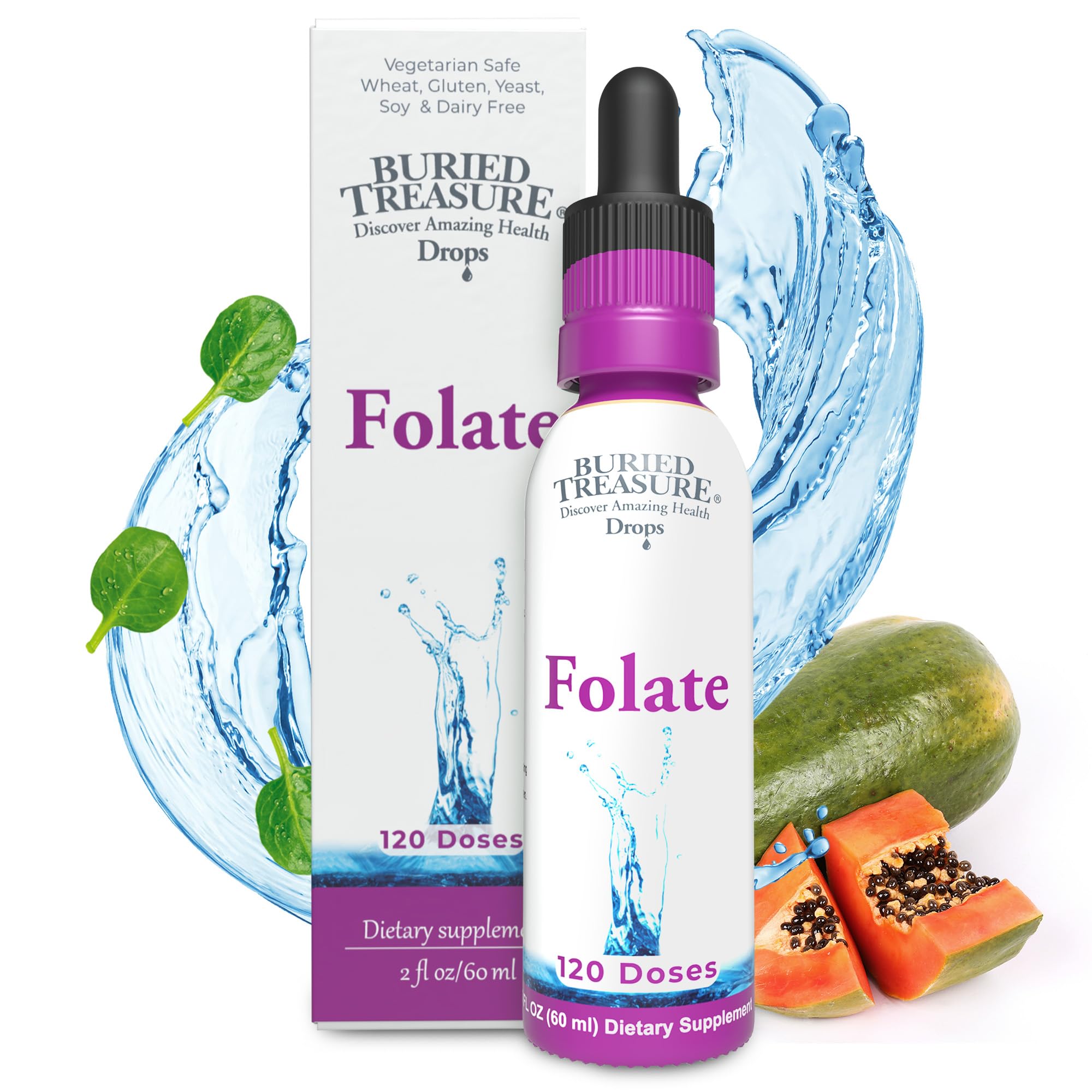 Bottle of Buried Treasure Folate Drops with 5-MTHF Folate B9