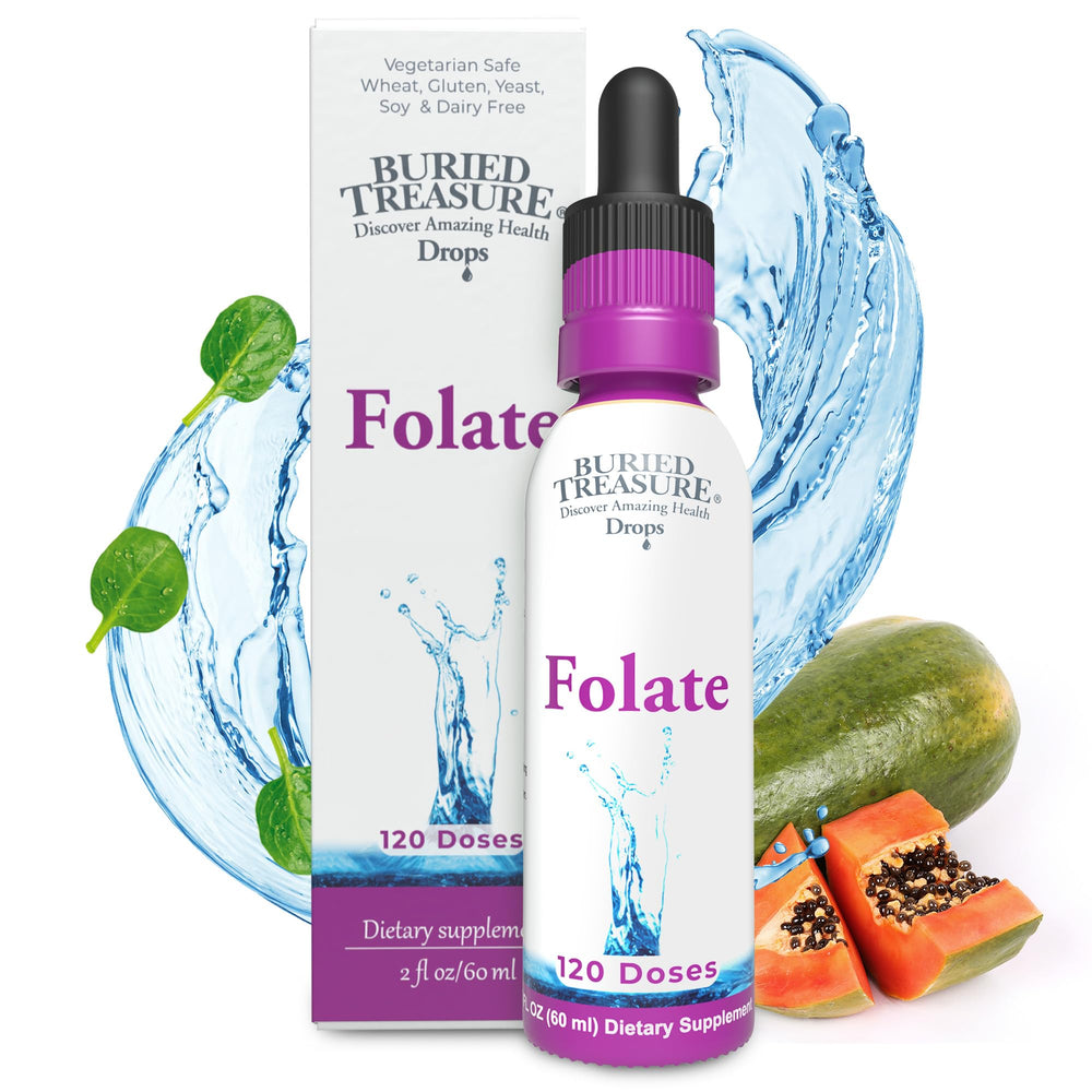 Bottle of Buried Treasure Folate Drops with 5-MTHF Folate B9