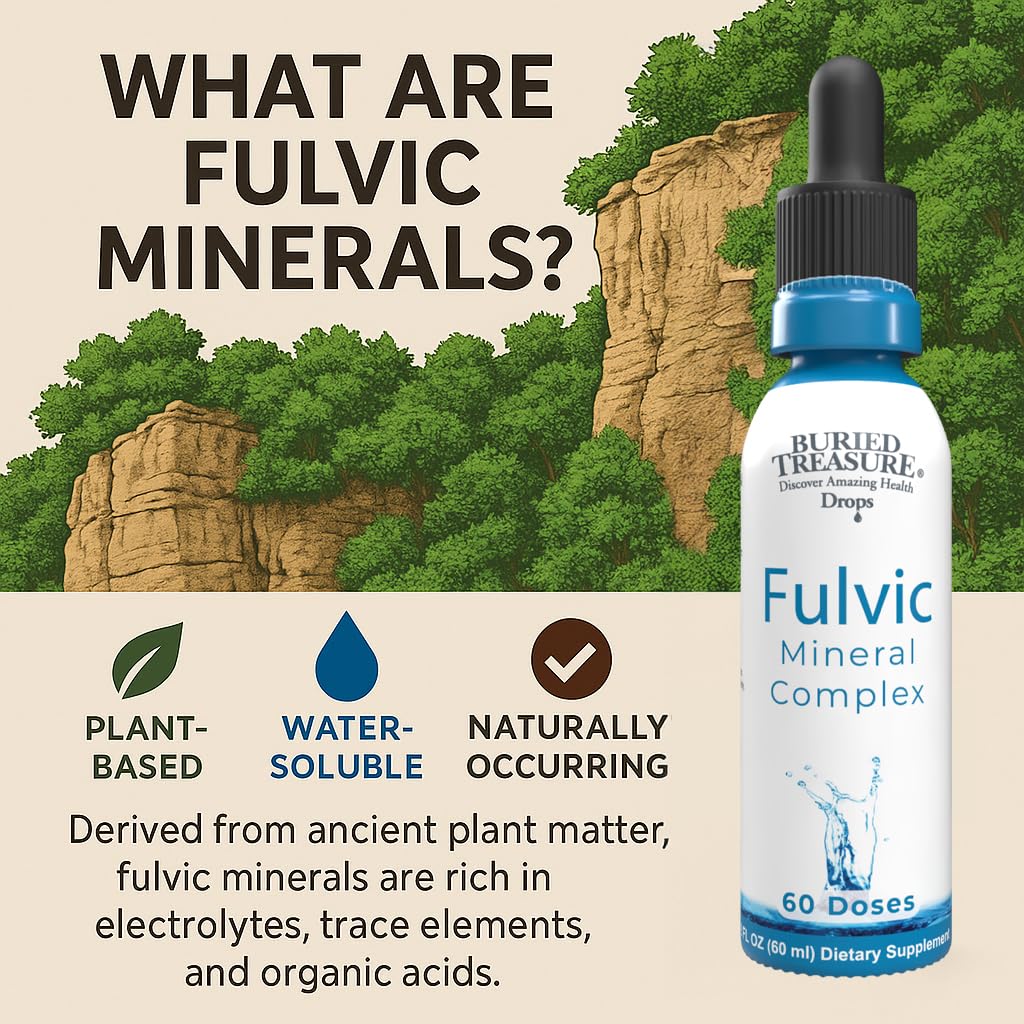Close-up of Buried Treasure Fulvic Mineral Drops label showing 295 mg minerals