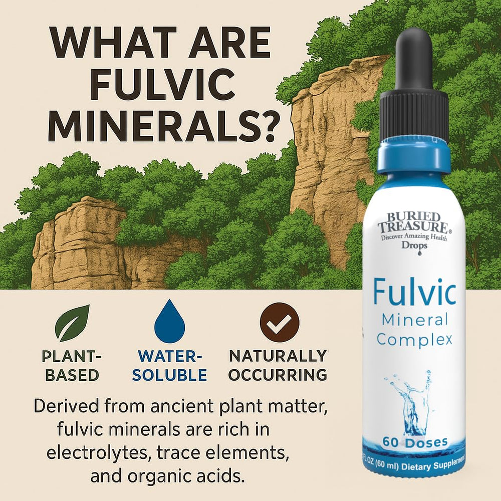 Close-up of Buried Treasure Fulvic Mineral Drops label showing 295 mg minerals