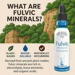 Close-up of Buried Treasure Fulvic Mineral Drops label showing 295 mg minerals