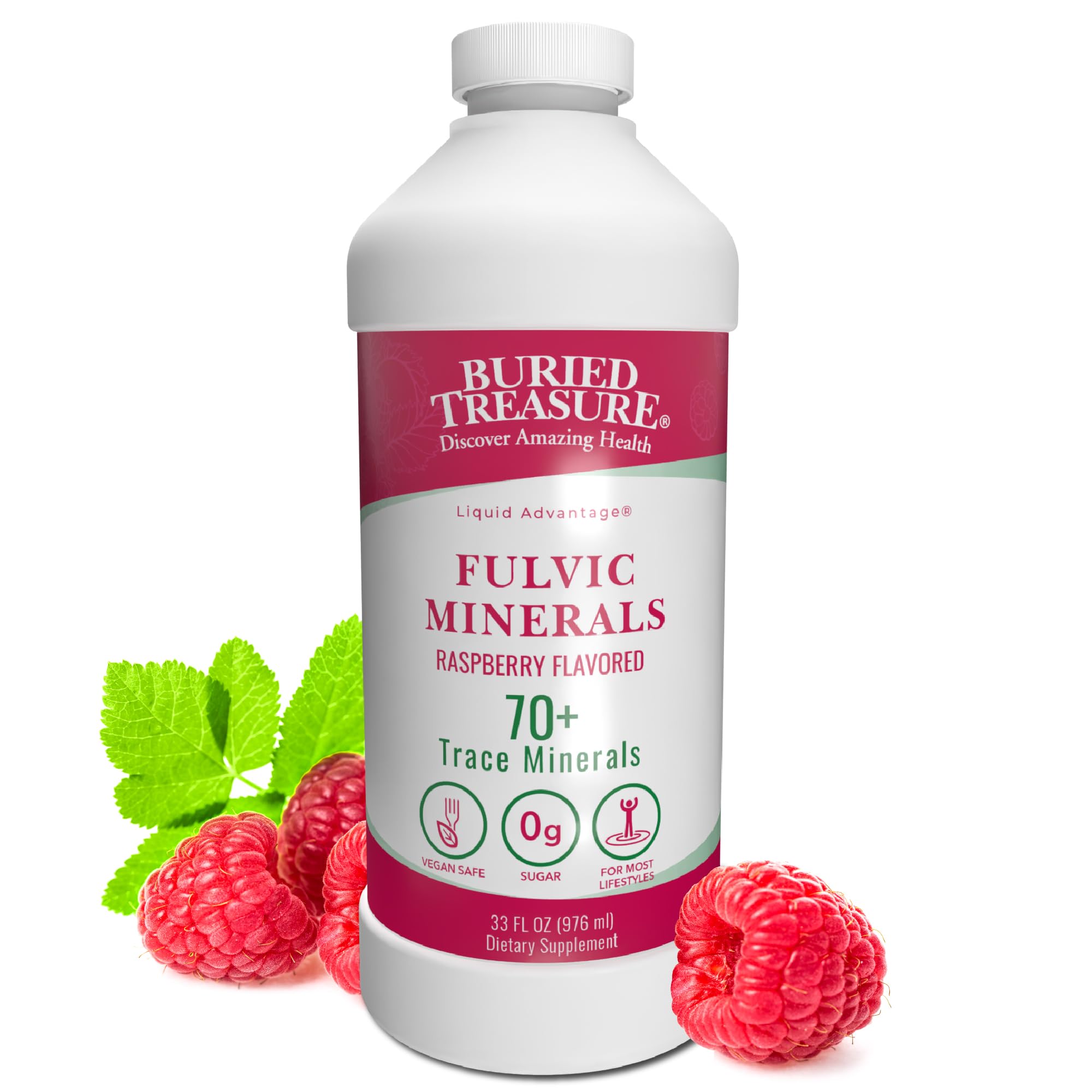 Buried Treasure Raspberry Fulvic Mineral Complex bottle label 32oz