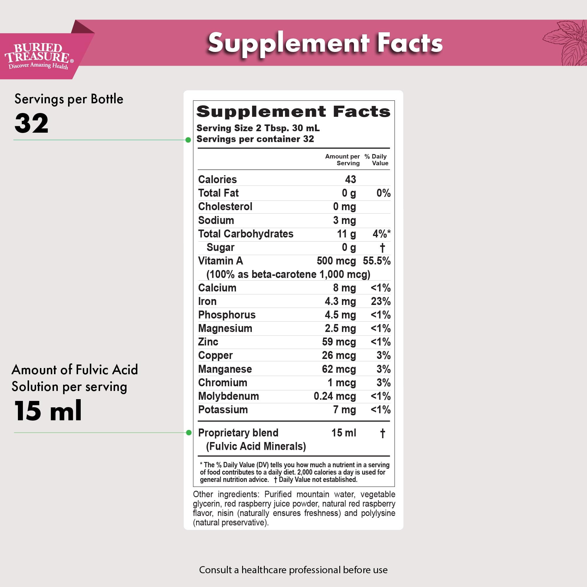 Close-up of Raspberry Fulvic Mineral Complex bottle